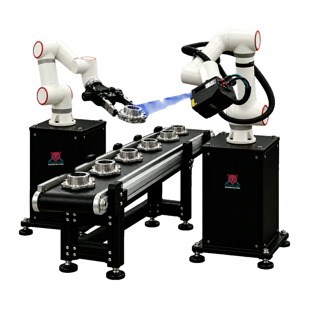 Custom Inline scanning cell with two cobots and a conveyor
